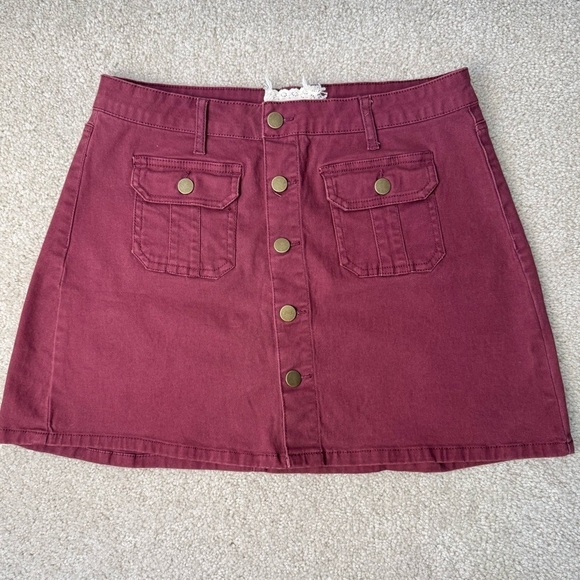 Altar'd State Dresses & Skirts - Altar’d State Burgundy Miniskirt Cotton Blend Front Patch Pockets Stretch Large